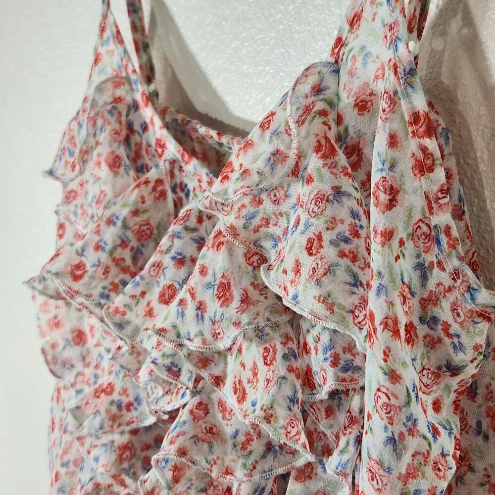 BONGO Prairie Style Sheer Floral Roses Ruffled Top Sz L - Picture 9 of 13